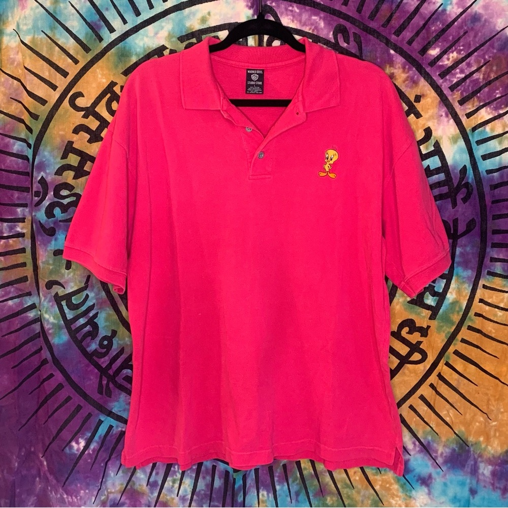 Vintage 1996 Warner Bros Embroidered Tweety Bird Polo Size L Hot Pink
